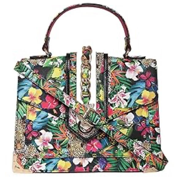 Aldo Baro Tropical Print Top Handle Satchel Bag, Yellow/Multi w/ Crossbody Strap - Picture 5 of 10